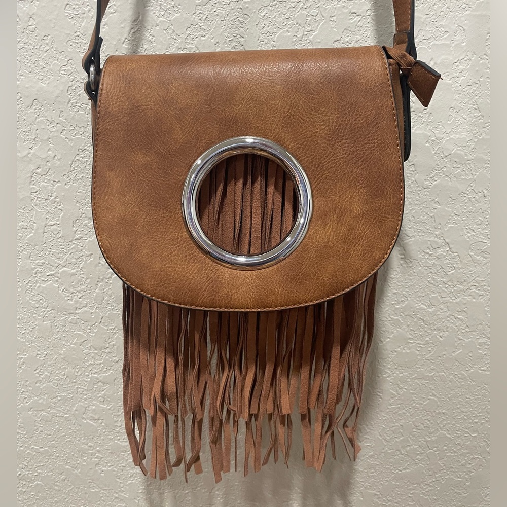 NEW Brown Faux Leather Fringe Crossbody Purse